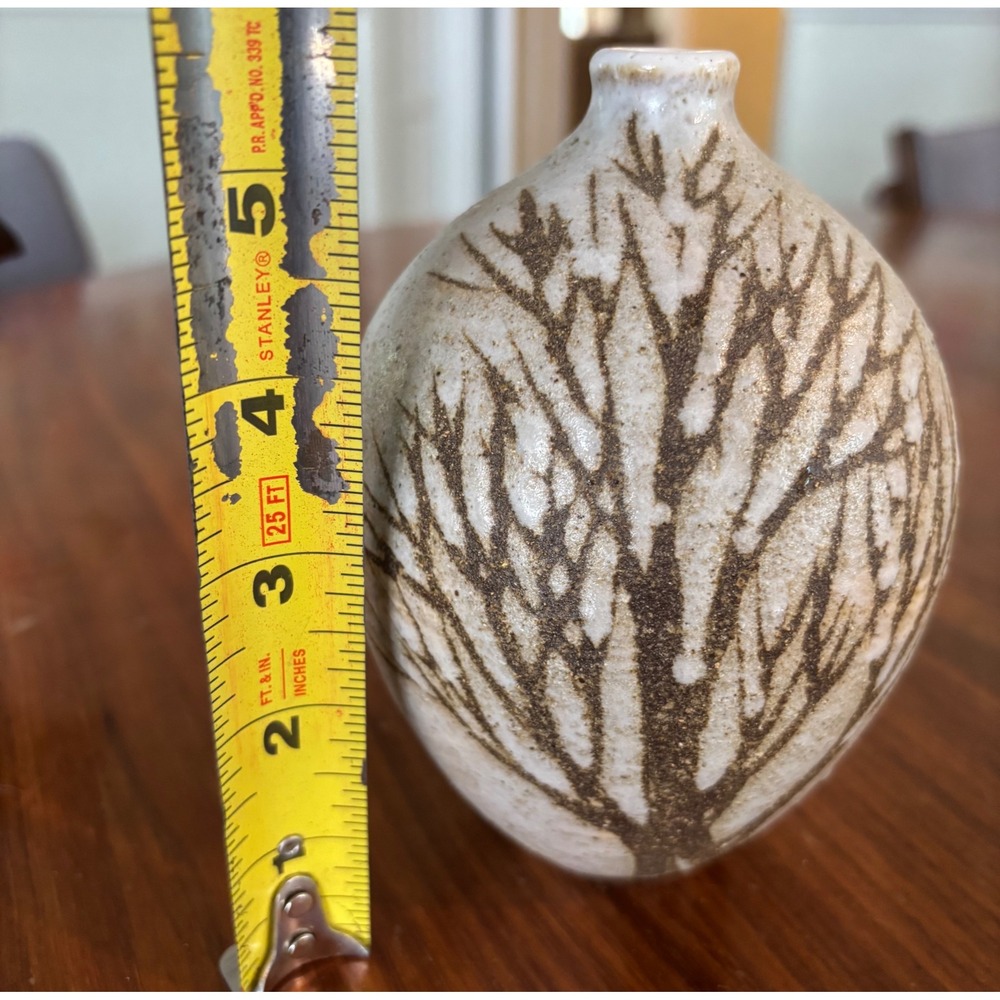 Anderson Design Maine Studio Pottery Bud Vase Hand Painted Tree Cream Glaze 5" - Picture 7 of 7